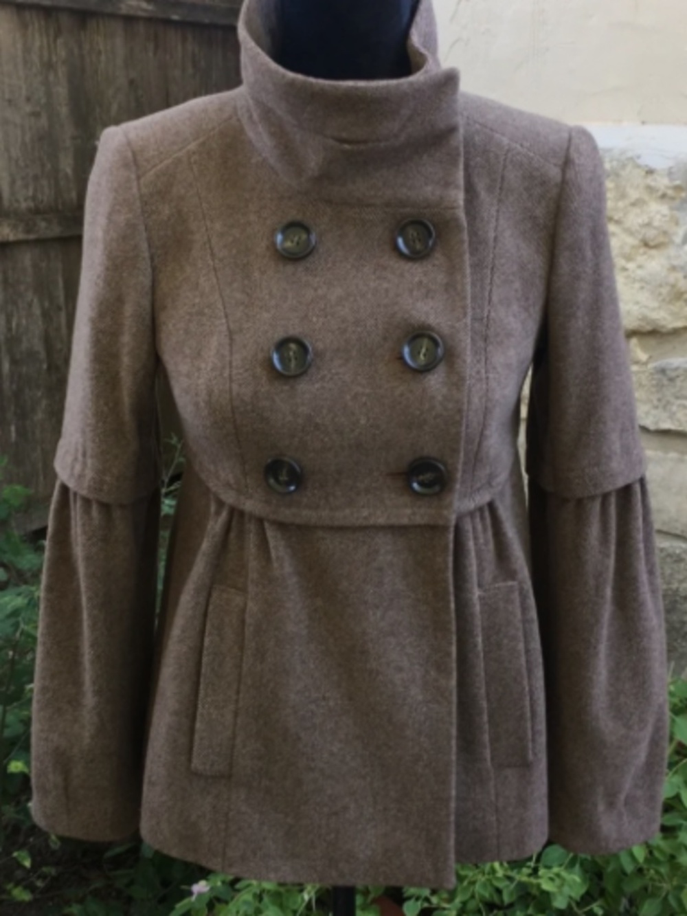 Ann Taylor LOFT Khaki Brown Empire Waist Babydoll Pea Coat